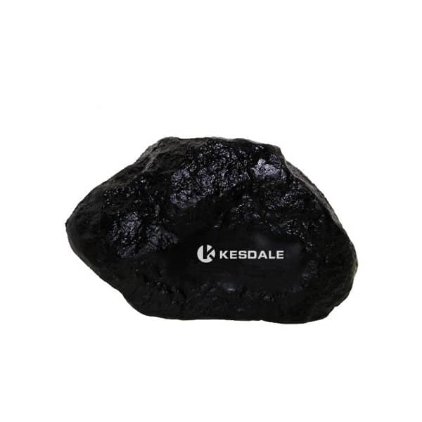 A black PU foam stress ball shaped like a stone, featuring a logo on one side. PU Foam Stone Shape Stress Ball - Image 1