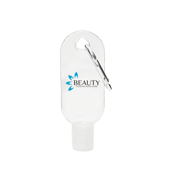 A clear 1 oz. hand sanitiser bottle with a carabiner, featuring a logo on the front. 1 oz. Hand Sanitizer Clear Bottle With Carabine - Image 1