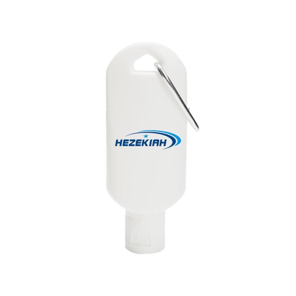 A white gel bottle with a carabiner, featuring a logo, designed for hand sanitiser. 1 oz. Promo Gel Bottle With Carabiner - Image 1