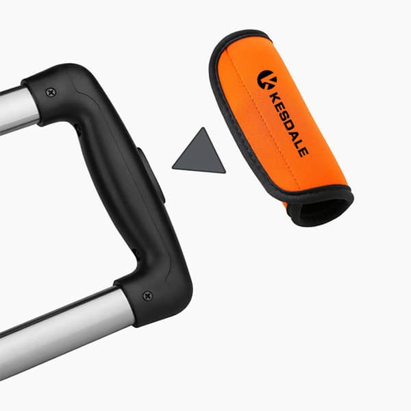 An orange neoprene luggage grip that fits over a suitcase handle, with a logo on the side. Custom Neoprene Luggage Grip - Image 1