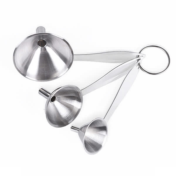 A stainless steel funnel set featuring three funnels of varying sizes, connected by a metal ring. Stainless Steel Long Handled Funnel Set - Image 1