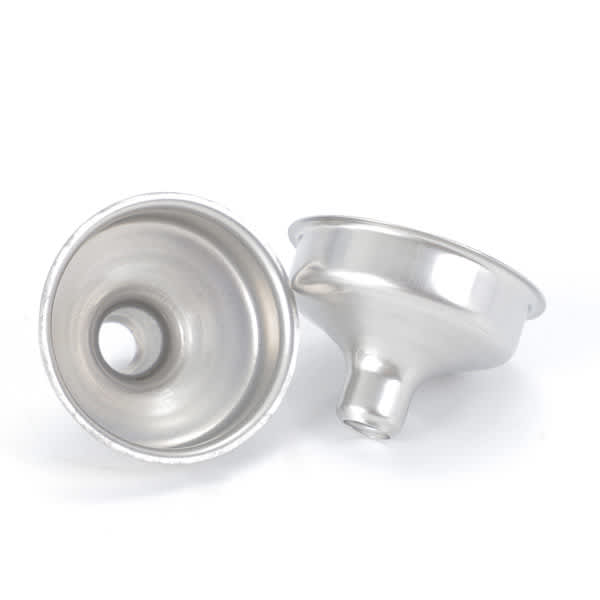 A stainless steel funnel with a smooth finish, featuring a wide opening and a narrow spout. It has a simple design and a reflective surface. Stainless Steel Flagon Funnel - Image 1