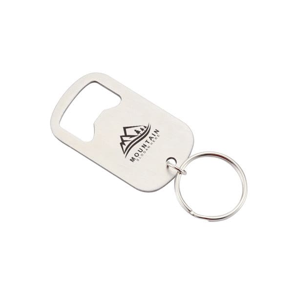 A drink bottle opener keychain made of stainless steel with a circular keyring, featuring a logo. Custom Stainless Steel Bottle Opener Keychain - Image 1