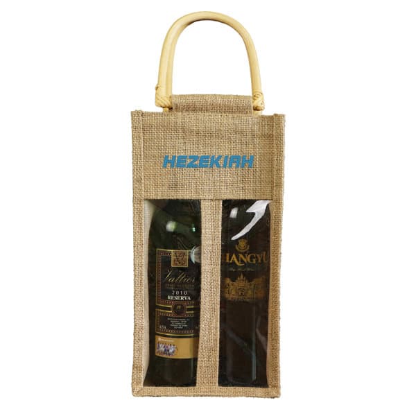 A jute wine bag in natural colour with a clear window, designed to hold two bottles, featuring a handle and a logo. Clear Window Jute Wine Bag For Two Bottles - Image 1