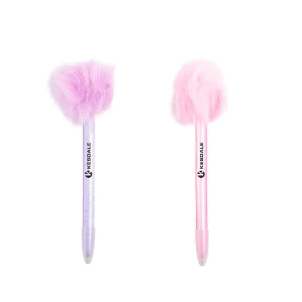 Two ballpoint pens with fluffy tops in light purple and pink, featuring a logo on each pen. Pretty Ballpoint Pen With Top Fluffy Ball - Image 1