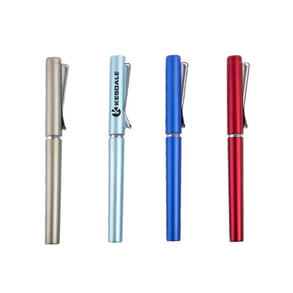 Four metallic plastic clip U-shaped gel pens in gold, light blue, blue, and red, each featuring a logo. Custom Metallic Plastic Clip U Shaped Gel Pen - Image 1