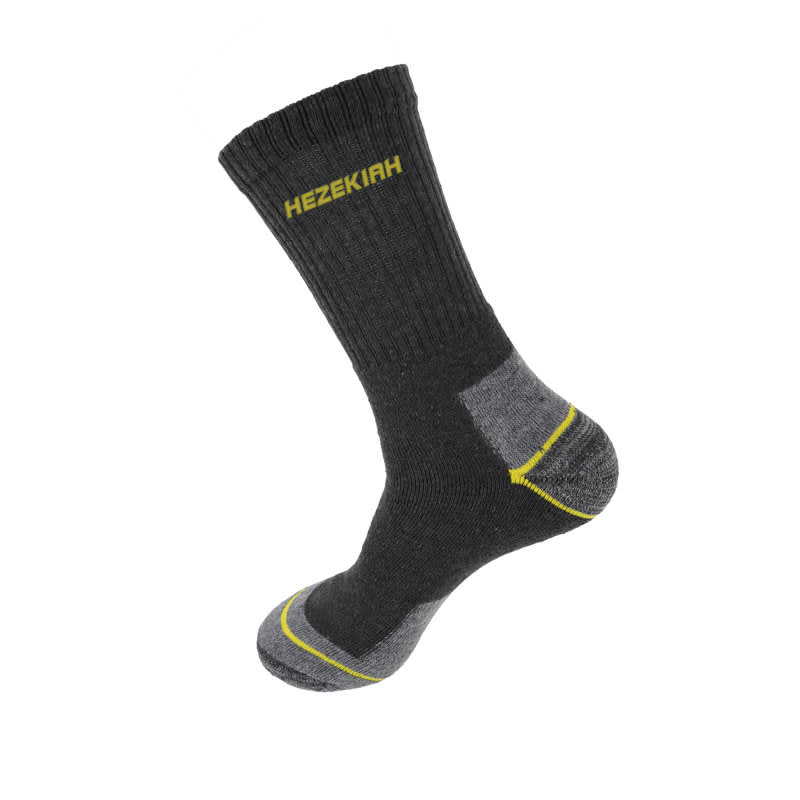 A pair of black recycled cotton socks with grey accents and a logo. Features a ribbed cuff and terry sole. Recycled Cotton Terry-soled Socks - Image 1