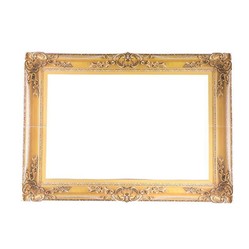 A gold ornate photo booth frame prop with intricate detailing and a blank centre for photos. Paper Gold Photo Booth Frame Prop - Image 1