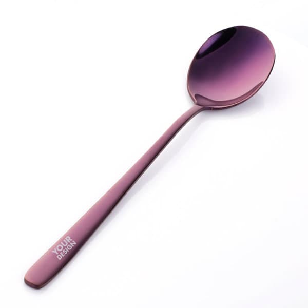 A stainless steel spoon in a gradient of purple tones, featuring a logo on the handle. Colored Stainless Steel Spoon - Image 1