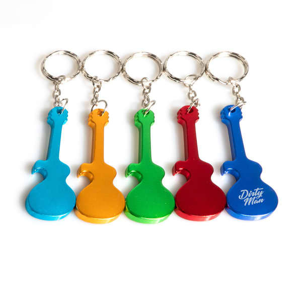 A drink bottle opener keychain in the shape of a guitar, available in blue, orange, green, red, and another blue colour. Guitar Shape Bottle Opener Keychain - Image 1