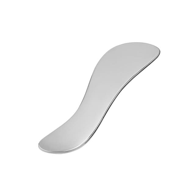 A stainless steel gua sha massage tool with a smooth, curved design. It features a shiny metallic surface and has a logo. S Type Stainless Steel Gua Sha Massage - Image 1