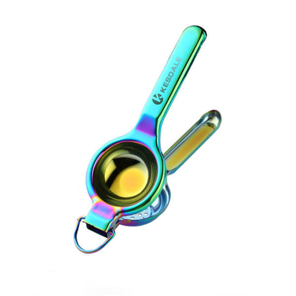 A stainless steel lemon hand press in vibrant rainbow colours with a sleek, modern design. It features a logo. Stainless Steel Lemon Hand Press - Image 1
