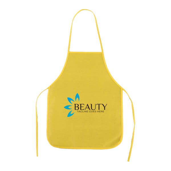 A yellow waterproof painting apron with ties and a logo on the front. Non Woven Waterproof Painting Apron - Image 1