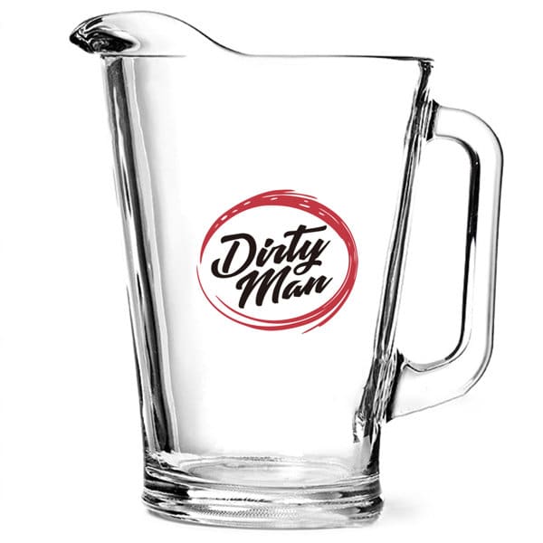 A glass beer pitcher with a clear design and a handle, featuring a logo in red and black. Promotional 1.8L Glass Beer Pitcher - Image 1