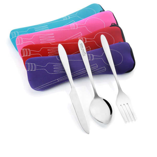 A set of stainless steel utensils including a fork, knife, and spoon, in a neoprene case, featuring various vibrant colours. 3 Pcs Camping Utensil Set With Neoprene Case - Image 1