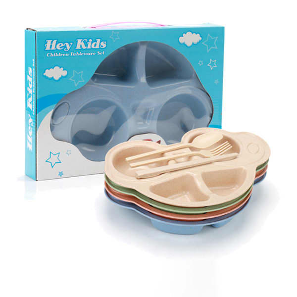 A set of colourful toddler plates in the shape of cars, with cutlery included, displayed in a blue box. Wheat Straw Cartoon Car Toddler Plate With Cutlery Set - Image 1