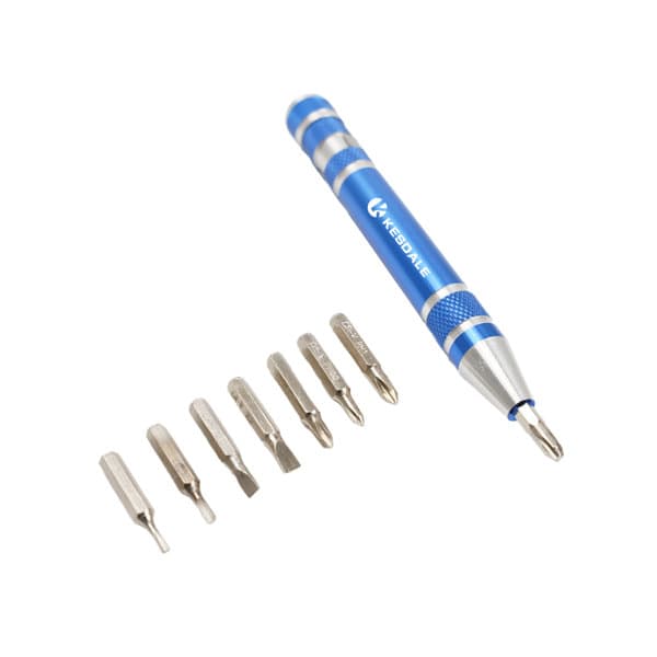 A blue and silver 8-in-1 multifunctional aluminum screwdriver, featuring multiple interchangeable tips. 8 In 1 Multi Functional Aluminum Screwdriver - Image 1