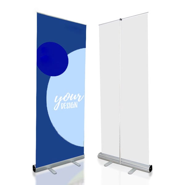 A retractable roll-up banner stand featuring a blue design on one side and a plain white side, with a silver base. Custom Retractable Roll Up Banner Stand - Image 1