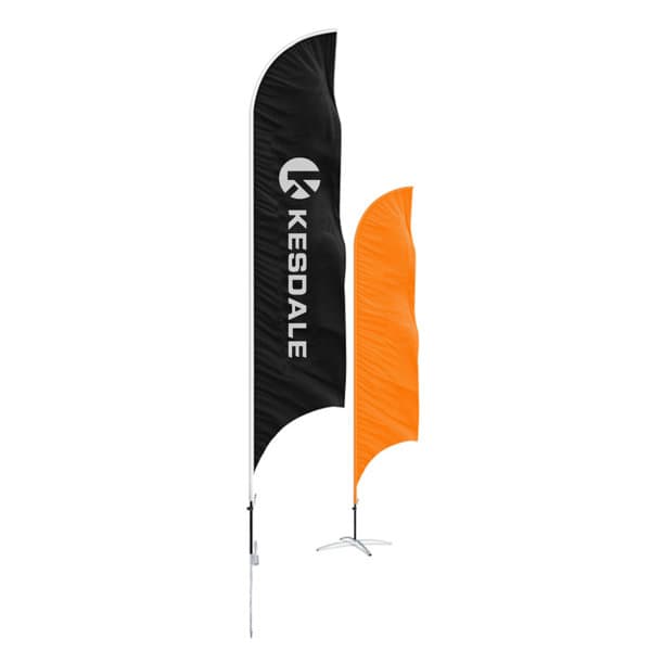 A black and orange event banner in a knife shape, featuring a logo, with a curved design. Advertising Knife Shape Blade Event Banner - Image 1