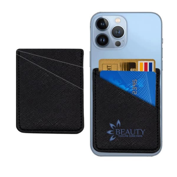 A black double layer PU leather phone adhesive card wallet with credit cards inside, designed for smartphone attachment. Double Layer PU Leather Phone Adhesive Card Wallet - Image 1