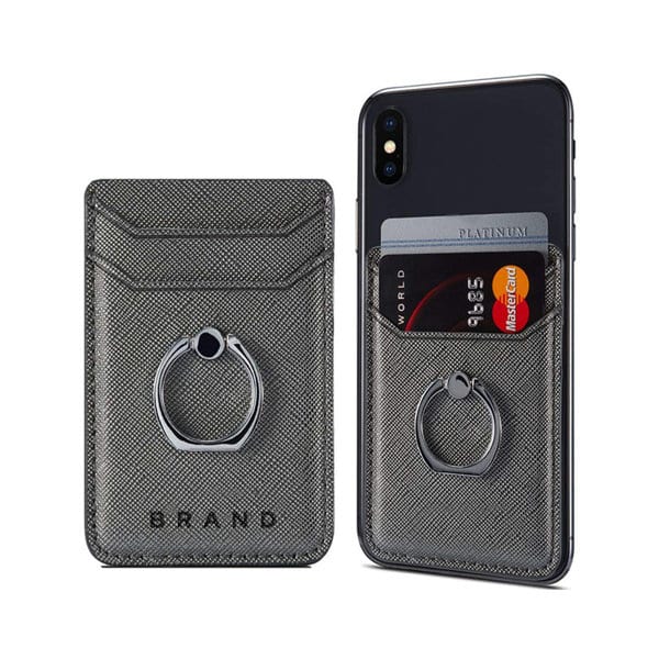 A grey adhesive PU leather phone card holder with a ring stand, featuring a logo and slots for cards. Adhesive PU Leather Phone Card Holder With Ring Stand - Image 1