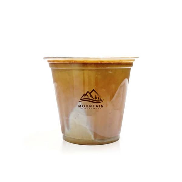 A transparent 9 oz. clear plastic cup featuring a logo and a brown beverage inside. 9 oz. Custom Clear Plastic Cup - Image 1