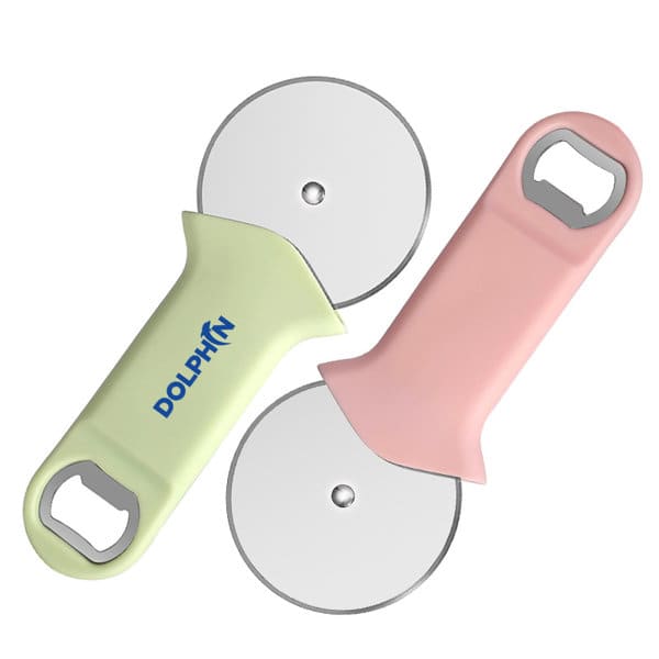 A drink bottle opener and pizza cutter in pastel green and pink, featuring a logo. Pizza Slicer With Bottle Opener - Image 1