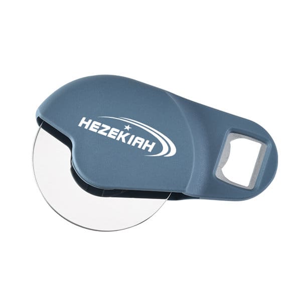 A blue round pizza cutter with a built-in bottle opener and a logo. Round Pizza Cutter With Bottle Opener - Image 1