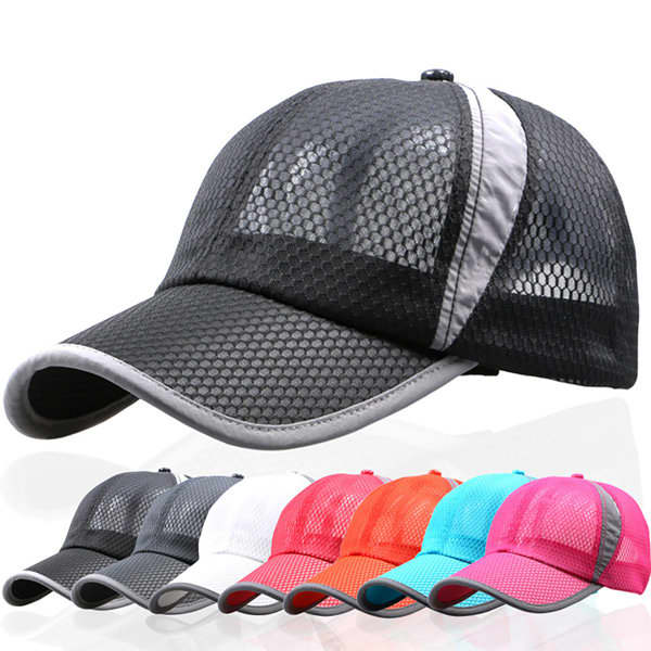 A breathable mesh sports cap in black with grey accents, alongside caps in red, pink, white, and blue. Features a logo. Breathable Mesh Sports Cap - Image 1