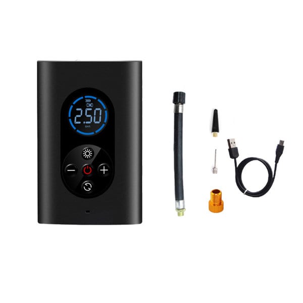 A black wireless inflator air pump with a digital display, a hose, and charging cable. Includes various attachments. Wireless Inflator Air Pump - Image 1
