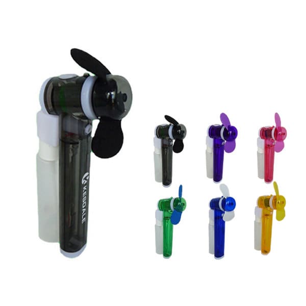 A mini spray bottle misting fan in various colours, featuring a small propeller and a logo. Mini Spray Bottle Misting Fan - Image 1