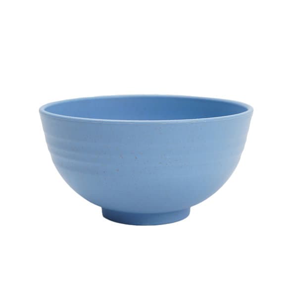 A blue wheat straw plastic bowl with a smooth surface and rounded design. Features a small base for stability. Wheat Straw Plastic Bowl - Image 1