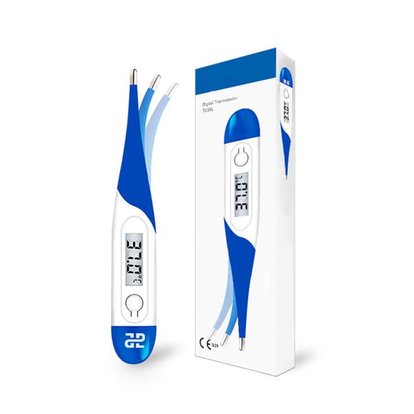 A digital oral thermometer featuring a blue and white design, displayed alongside its packaging. Household Electronic Digital Oral Thermometer - Image 1