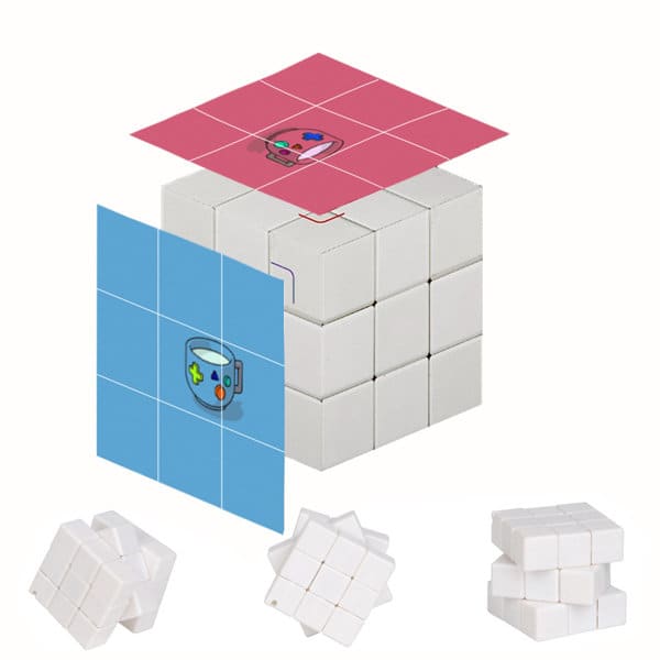 A colourful customizable Rubik's Cube features various designs, with a white base and illustrations on the sides. Promotional Customizable Rubik's Cube - Image 1