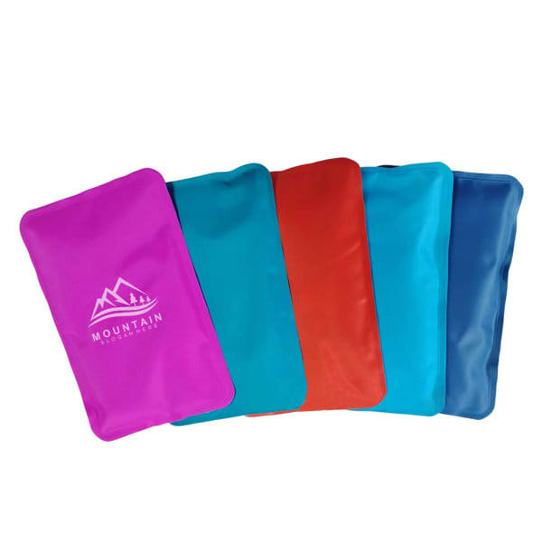 A set of five rectangular reusable ice packs in pink, red, teal, and blue, with a logo on one pack. Nylon Rectangle Reusable Ice Pack - Image 1