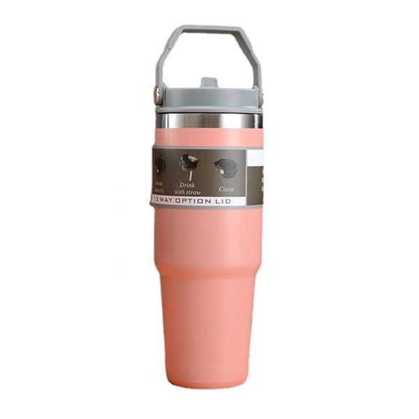 A drink bottle with a handle in a soft pink colour, featuring a lid with multiple drinking options and a logo. 30 oz. Insulated Car Tumbler With Handle - Image 1