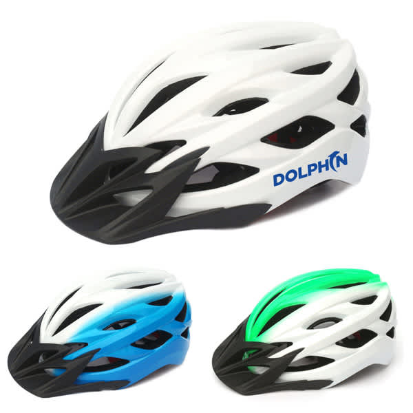 A white, black, and blue bike helmet with a detachable visor and logo, featuring a sleek aerodynamic design. Outdoor Unisex Bike Helmet With Detachable Visor - Image 1