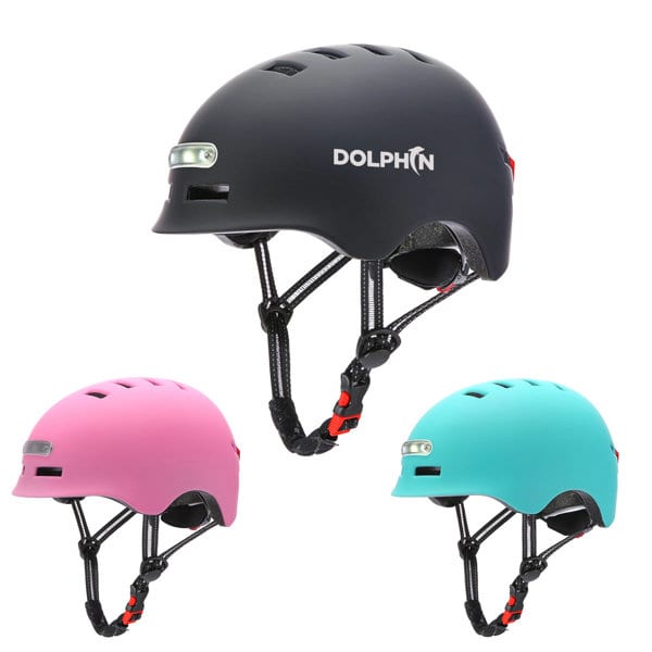 A set of three bike helmets in black, pink, and teal, each featuring a front warning light and a logo. Bike Helmet With Warning Light - Image 1