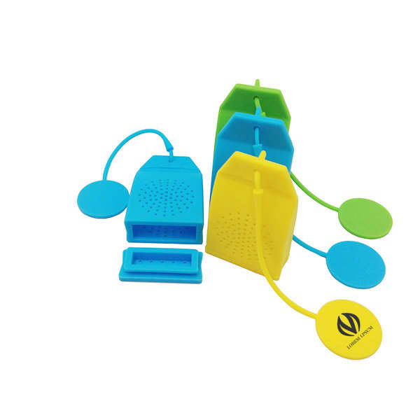 Reusable silicone tea bags in blue and green with long ropes, featuring a logo on one bag. Reusable Silicone Tea Bags With Long Rope - Image 1