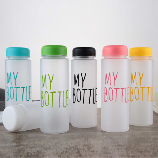 A drink bottle set featuring frosted plastic designs in pink, green, black, yellow, and clear, each with a logo. 16oz. Frosted Plastic Water Bottle - Image 1
