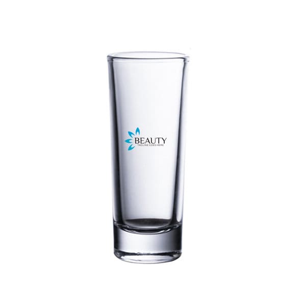 A clear glass mini shot glass with a logo printed on it, featuring a sleek design and straight edges. 2.5 oz. Mini Bullet Shot Glass Cup - Image 1