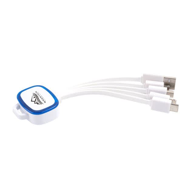 A 4-in-1 charging cable in white with blue accents, featuring multiple connectors for various devices. 4 In 1 Charging Cable - Image 1