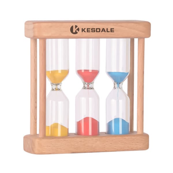 A wooden hourglass with three sand timers, featuring yellow, red, and blue sands, in a rectangular frame with a logo. Wooden 1 3 5 Minute Combination Hourglass - Image 1