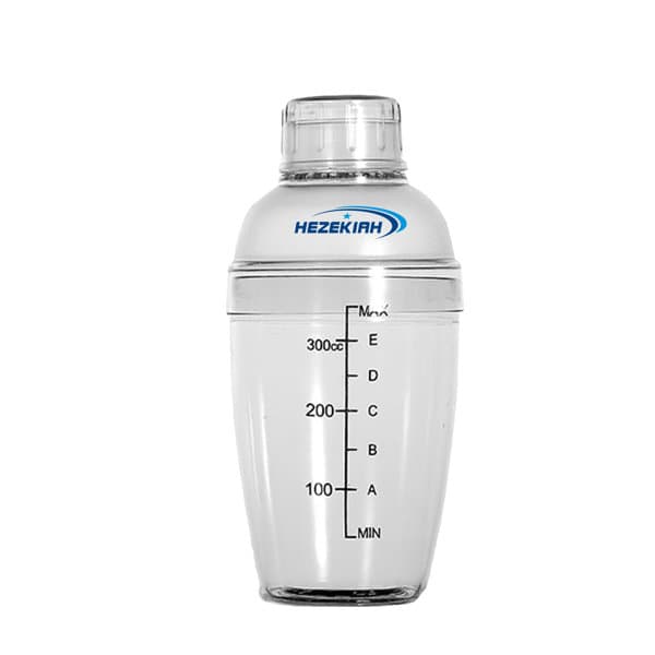 A transparent cocktail shaker with a scale marked in millilitres, featuring a lid and a logo. 350ml Transparent Cocktail Shaker With Scale - Image 1