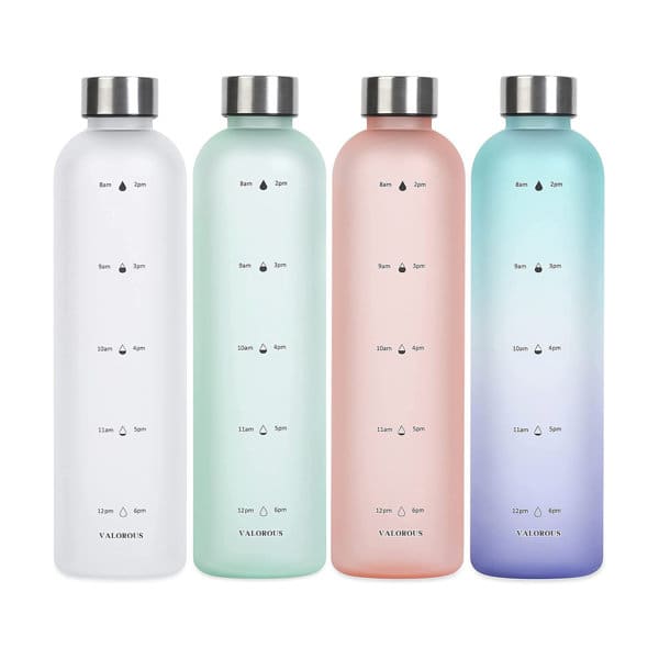 A drink bottle set featuring four 32 oz. water bottles in white, mint green, pink, and gradient blue, each with a time marker. 32 oz. Water Bottle With Time Marker - Image 1