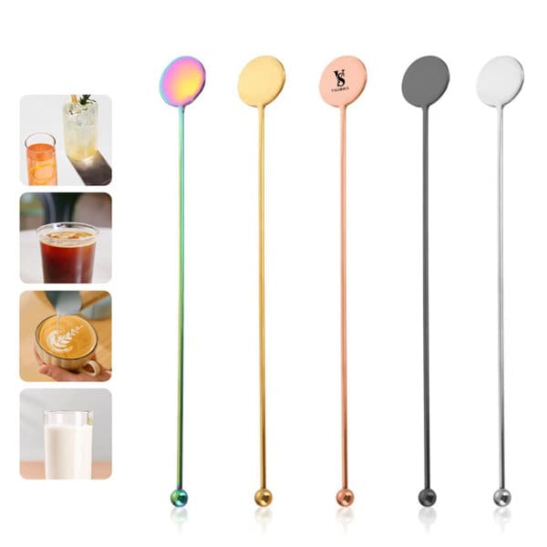 Gold, rose gold, rainbow, silver, and black stainless steel cocktail stirrers displayed in various sizes with a logo on one. Gold Stainless Steel Cocktail Stirrers - Image 1