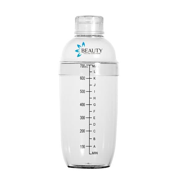 A drink bottle with a transparent plastic body, measuring markings, and a silver lid, featuring a logo. 24 oz. Plastic Cocktail Shaker - Image 1
