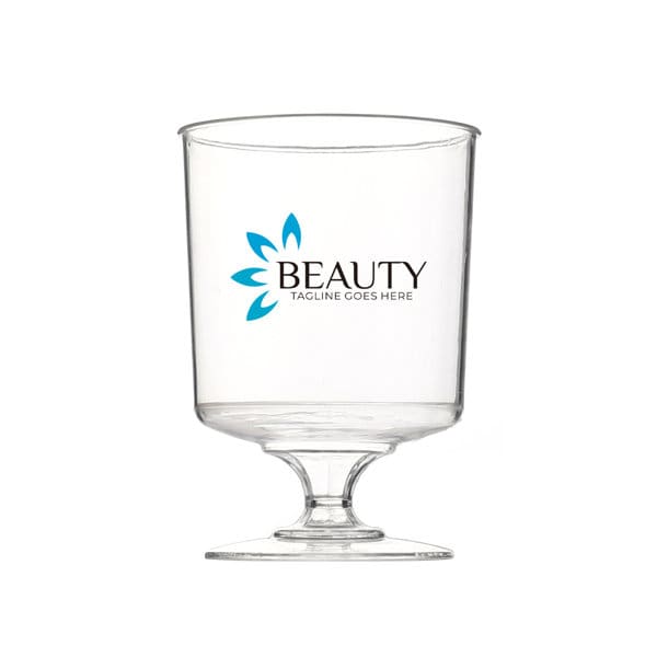 A clear plastic wine glass with a stem, featuring a logo in blue and black. 2 oz. PS Plastic Wine Glass - Image 1
