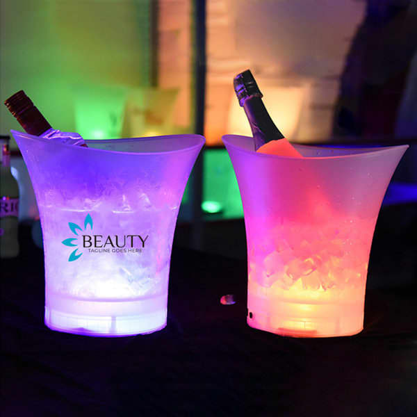 Two frosted LED ice buckets with bottles, featuring vibrant colours under ambient lighting. One bucket has a logo. 5L Frosted LED Ice Bucket - Image 1
