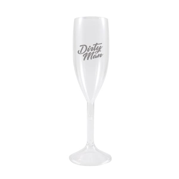 A clear plastic champagne glass with a tall stem, featuring a logo. It holds 6 oz of liquid. 6 oz. PS Plastic Champagne Glass - Image 1